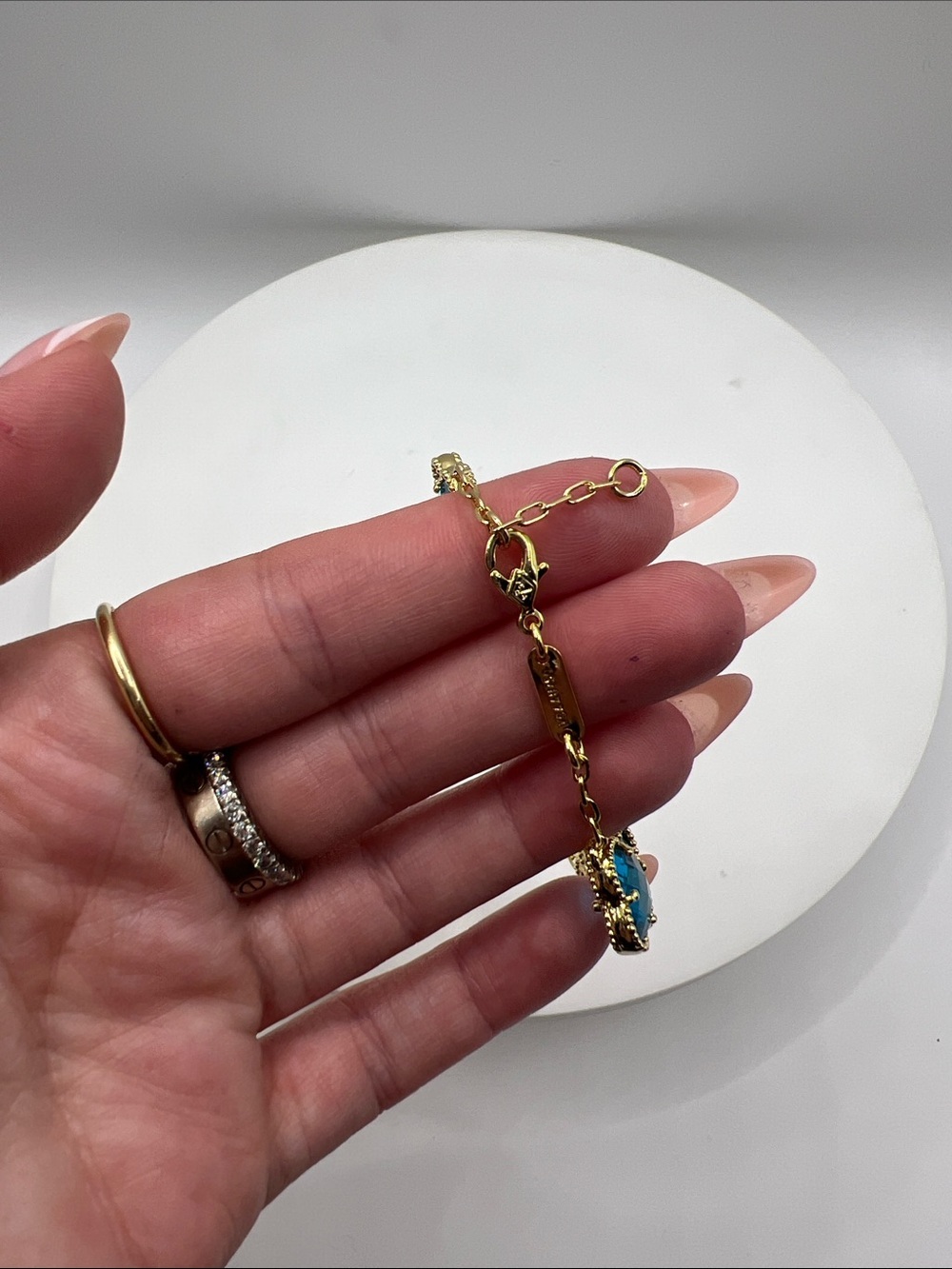 150. 18k Gold Plated Clover Bracelet w/ Blue Stone & Crystals.  7 1/2” - 8” - Picture 5 of 5